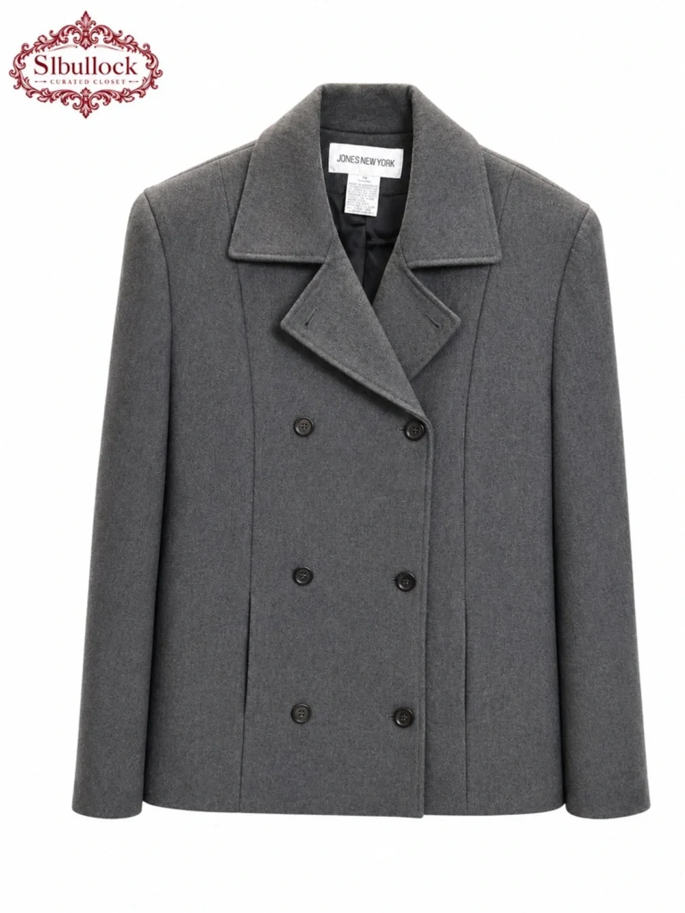 Jones New York 96% Wool Double Breasted Blazer Jacket Size 14 Gray Career Chic